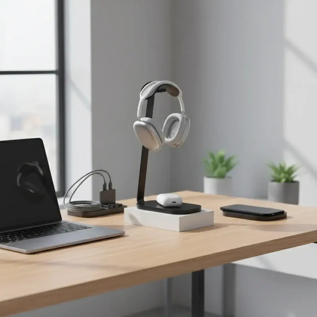 Headphone Charging Stand - Organize & Power Your Tech on a desk with a laptop, phone, and plants.