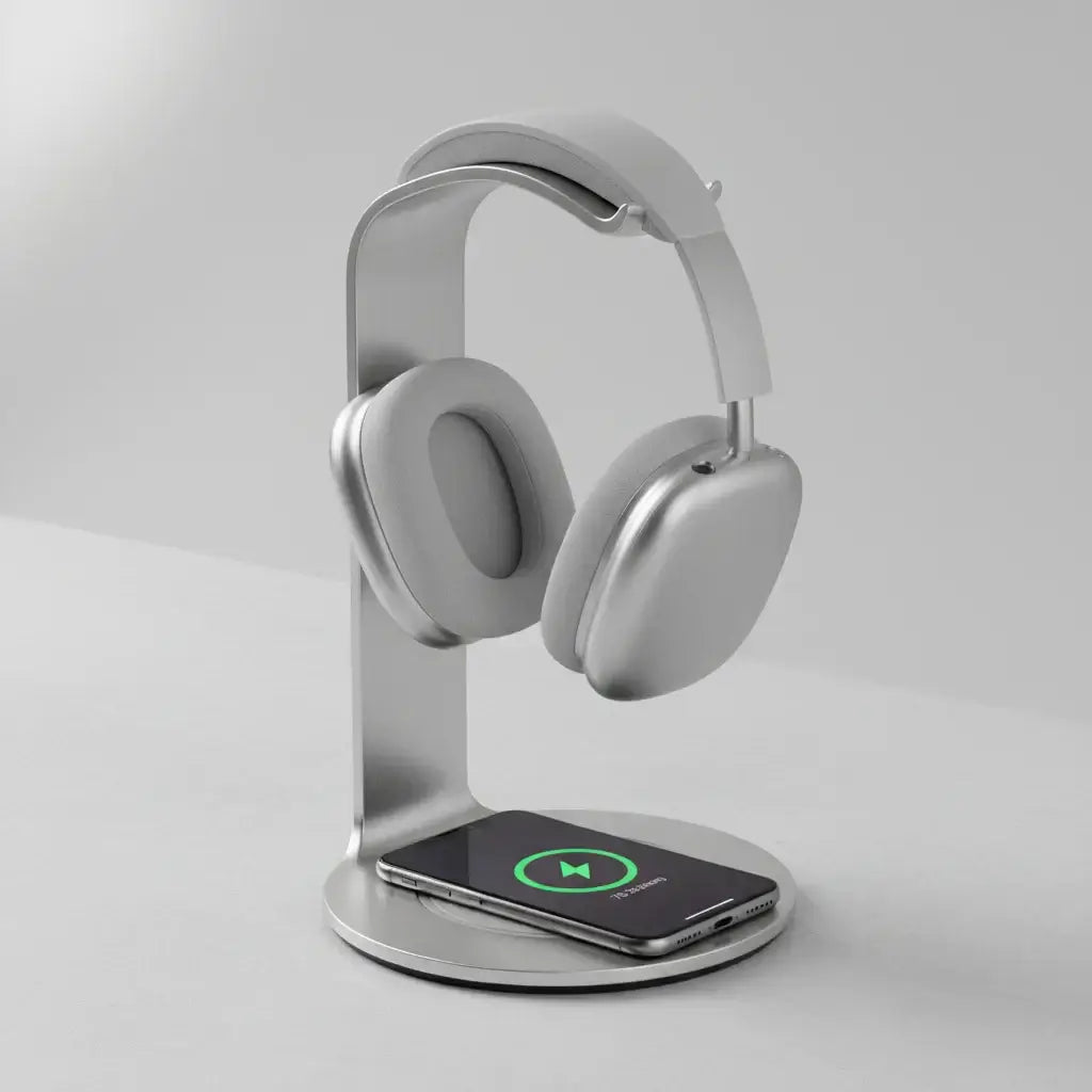 Headphone Charging Stand - Organize & Power Your Tech on a sleek silver stand with wireless phone charging.