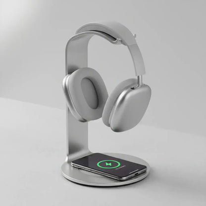 Headphone Charging Stand - Organize & Power Your Tech on a sleek silver stand with wireless phone charging.
