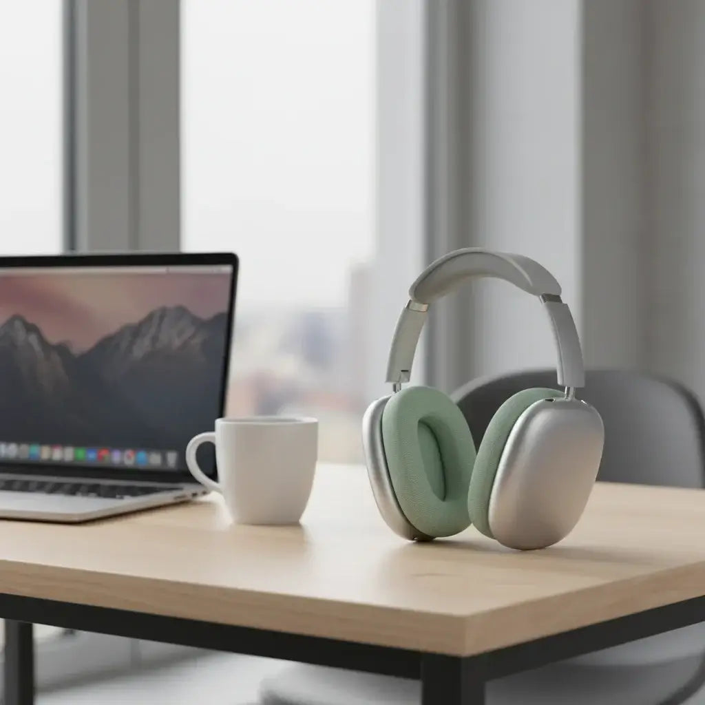 AirPods Max Mesh Ear Pads - Upgrade Your Comfort & Style on wooden desk with laptop and cup.
